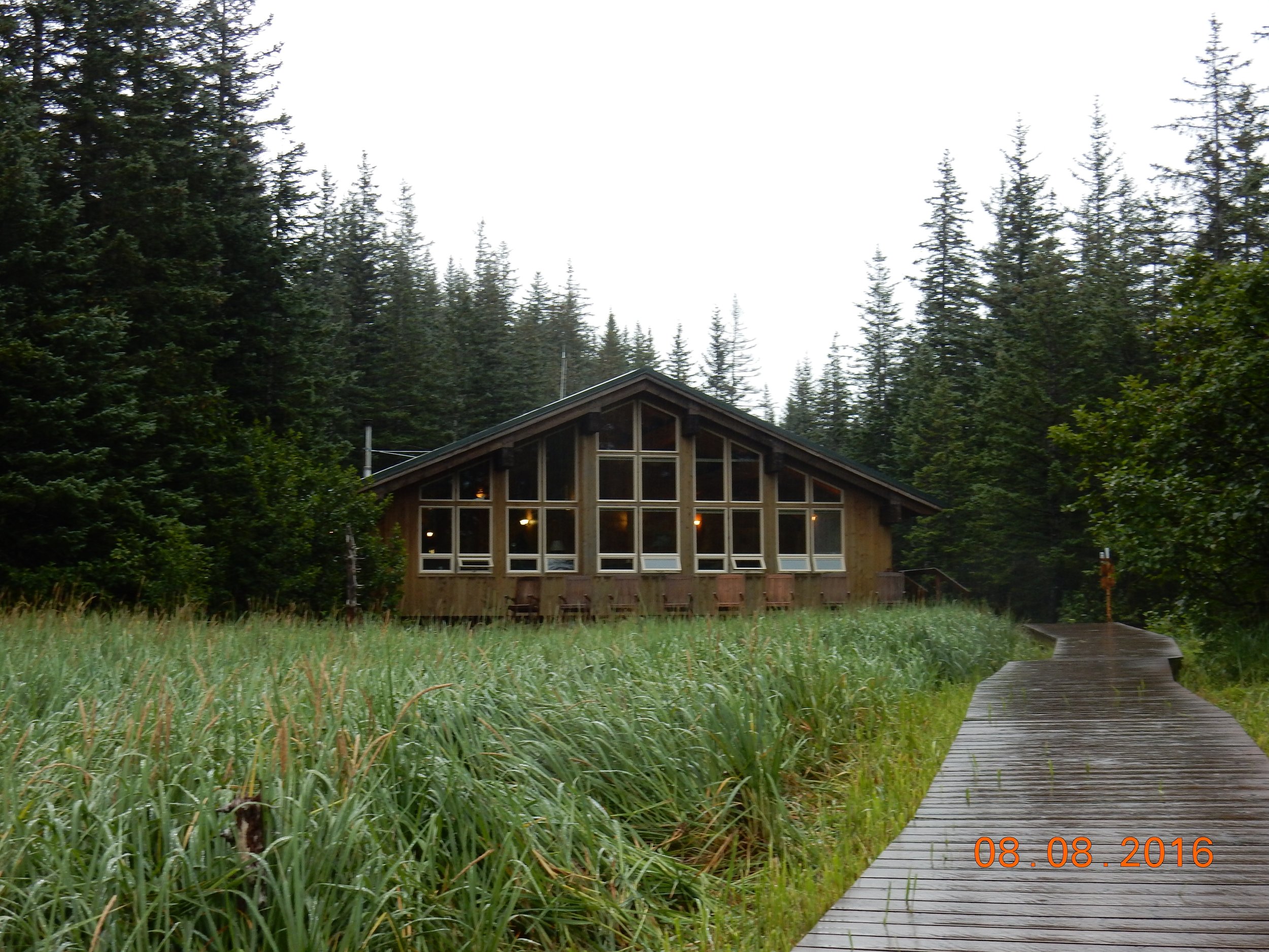 View of the lodge from the end of the dock. 