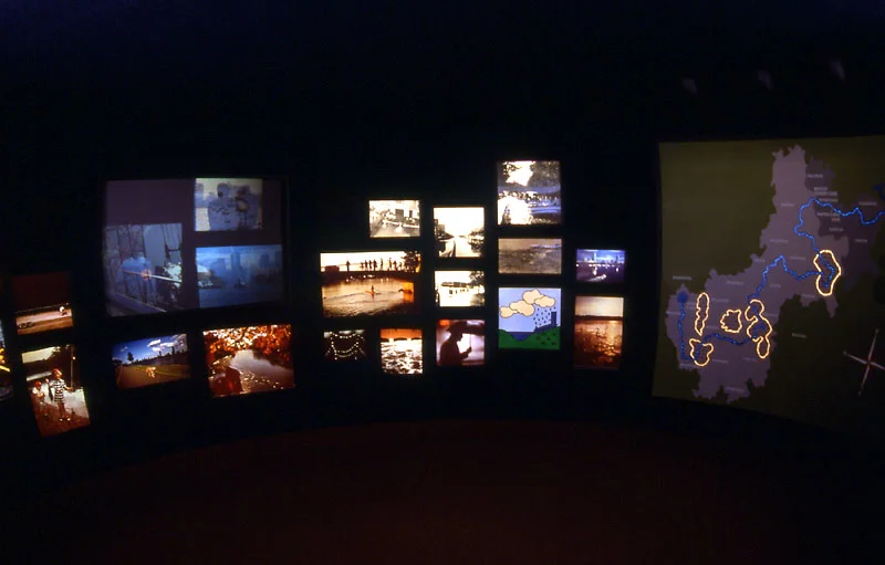 Visuals for "The Charles at Boston" exhibit, featuring display elements and design highlights.