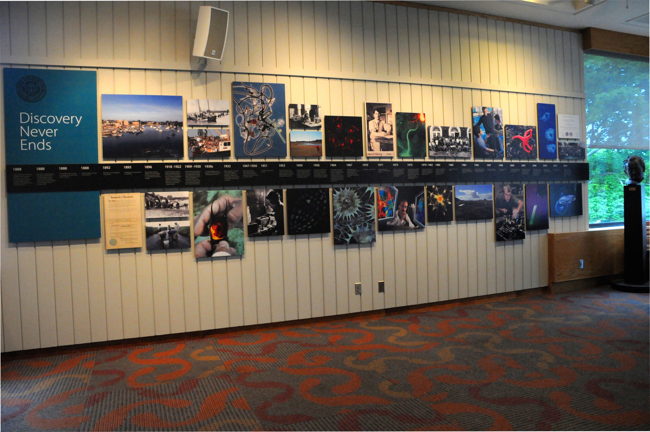 A new timeline display designed and installed as the new merger with the University of Chicago takes shape.
