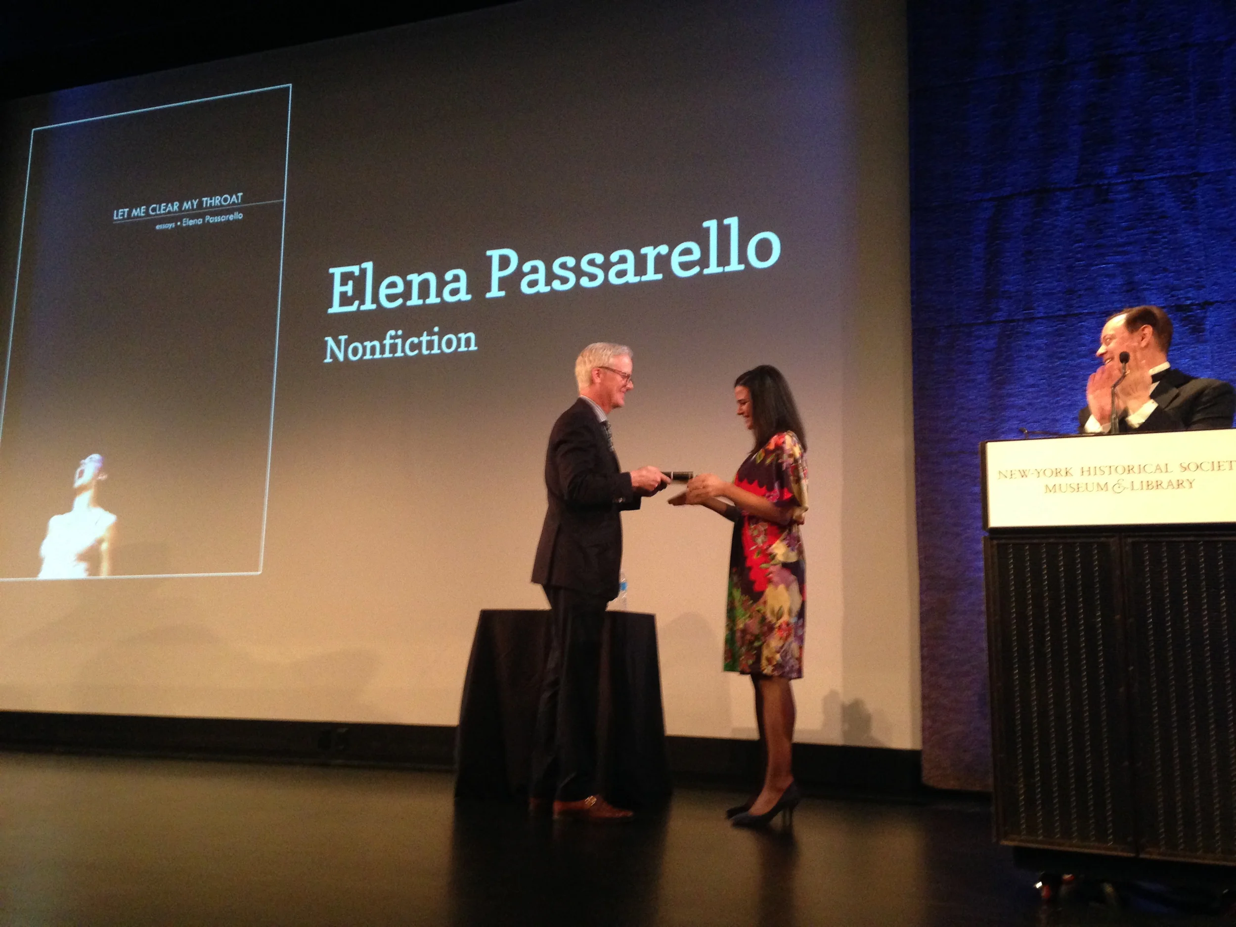 Elena Passarello accepts her award at the New York Historical Society on March 5, 2015