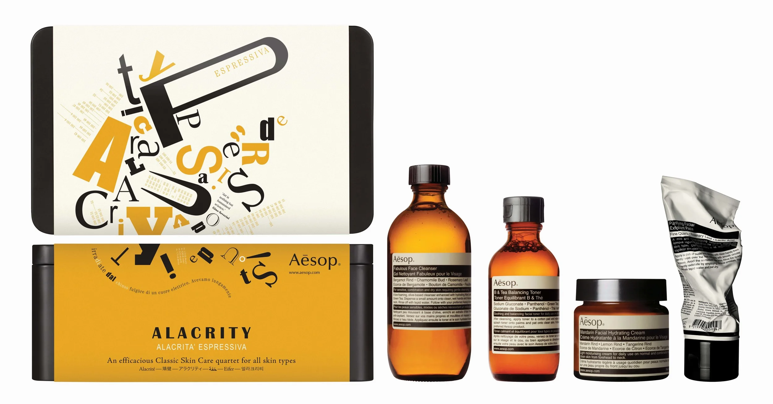 Aesop goes Futurist with a collection of typographic tins containing a selection of products including men's grooming essentials and hand and body treatments