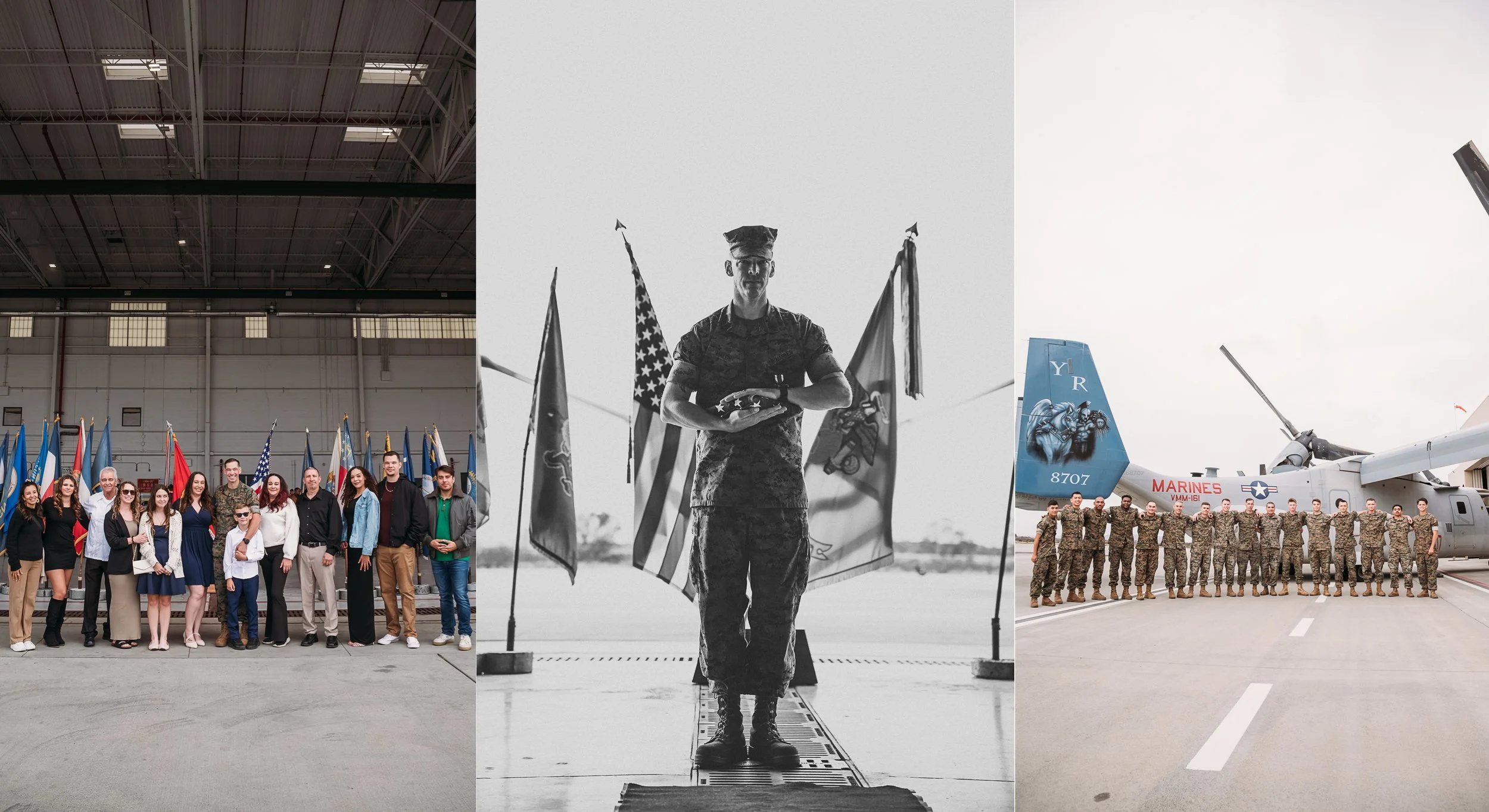 Retirement photo collage with loved ones, a Marine holding a folded flag, and Marines beside an aircraft.