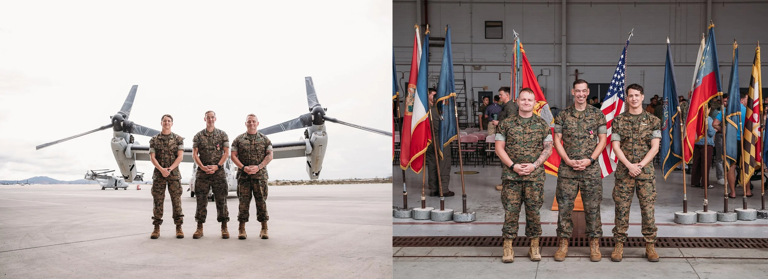 Three Marines pose beside a tiltrotor aircraft and among ceremony flags at MCAS Miramar.