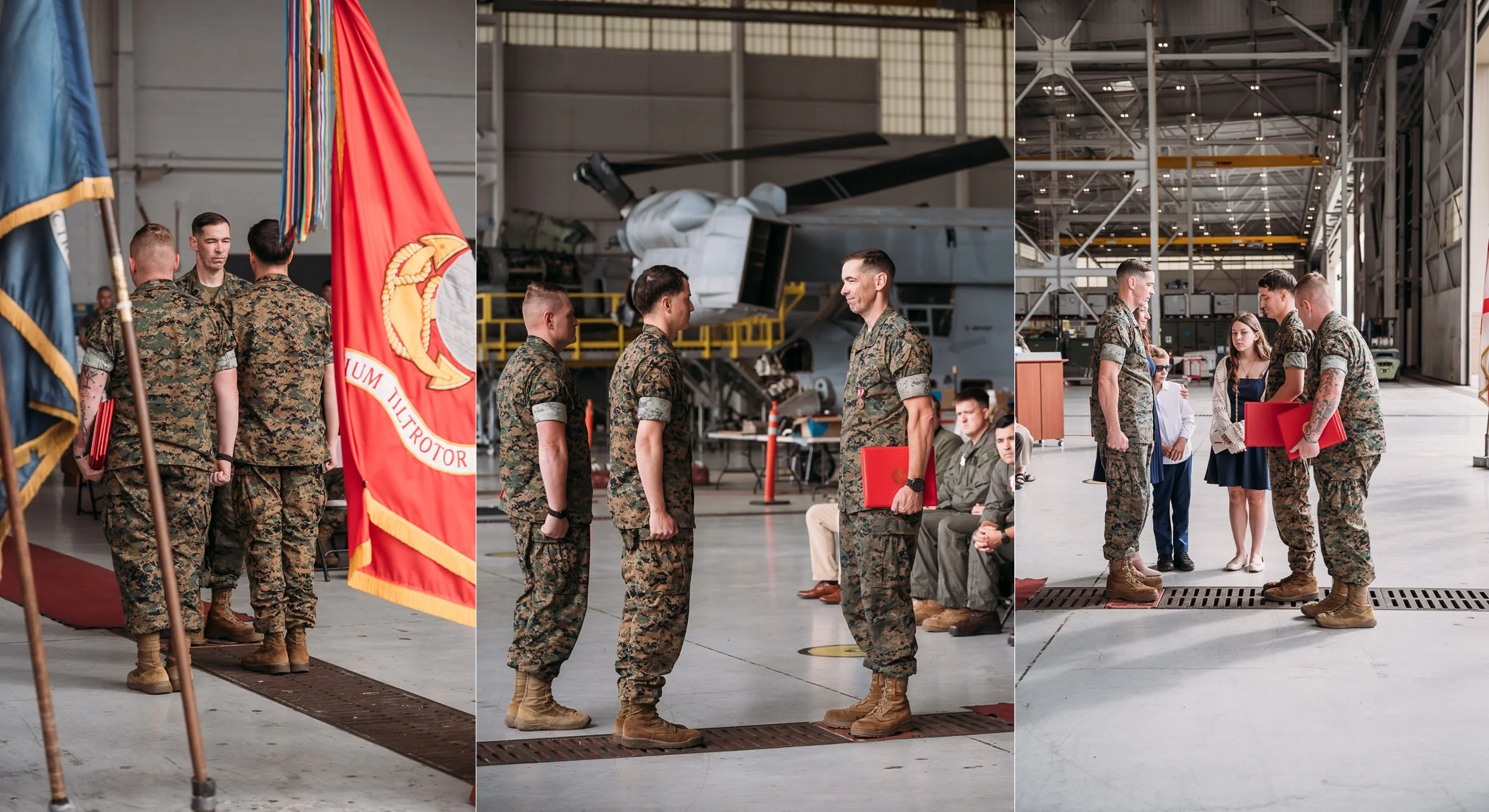 Marines and family members take part in a retirement ceremony inside a Miramar hangar.