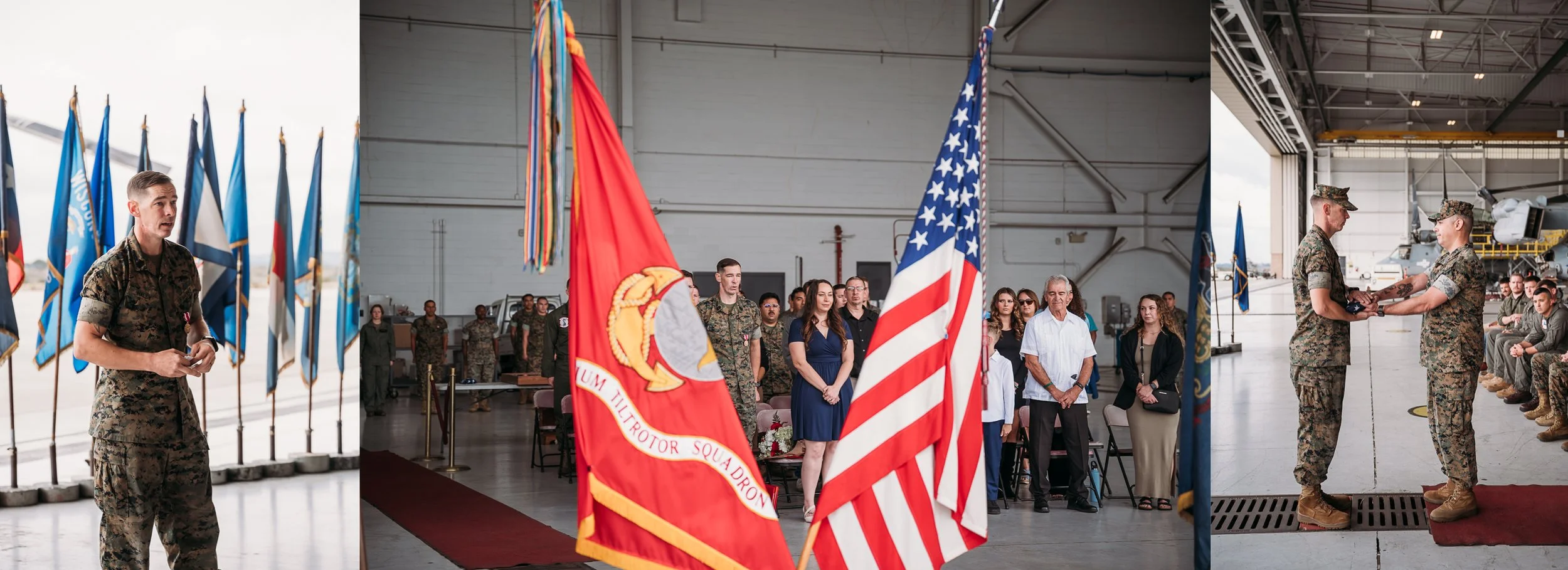 Marine addresses guests and participates in a folded flag presentation during his retirement ceremony.