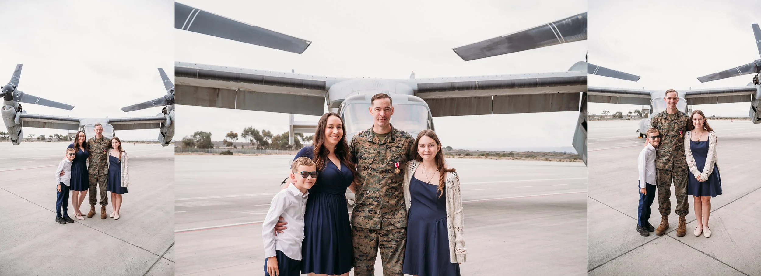 Marine poses with his family and children beside a tiltrotor aircraft at MCAS Miramar.
