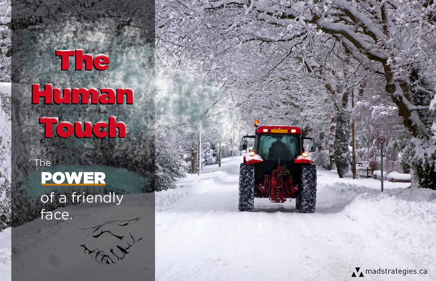 Tractor driving down a snow covered road