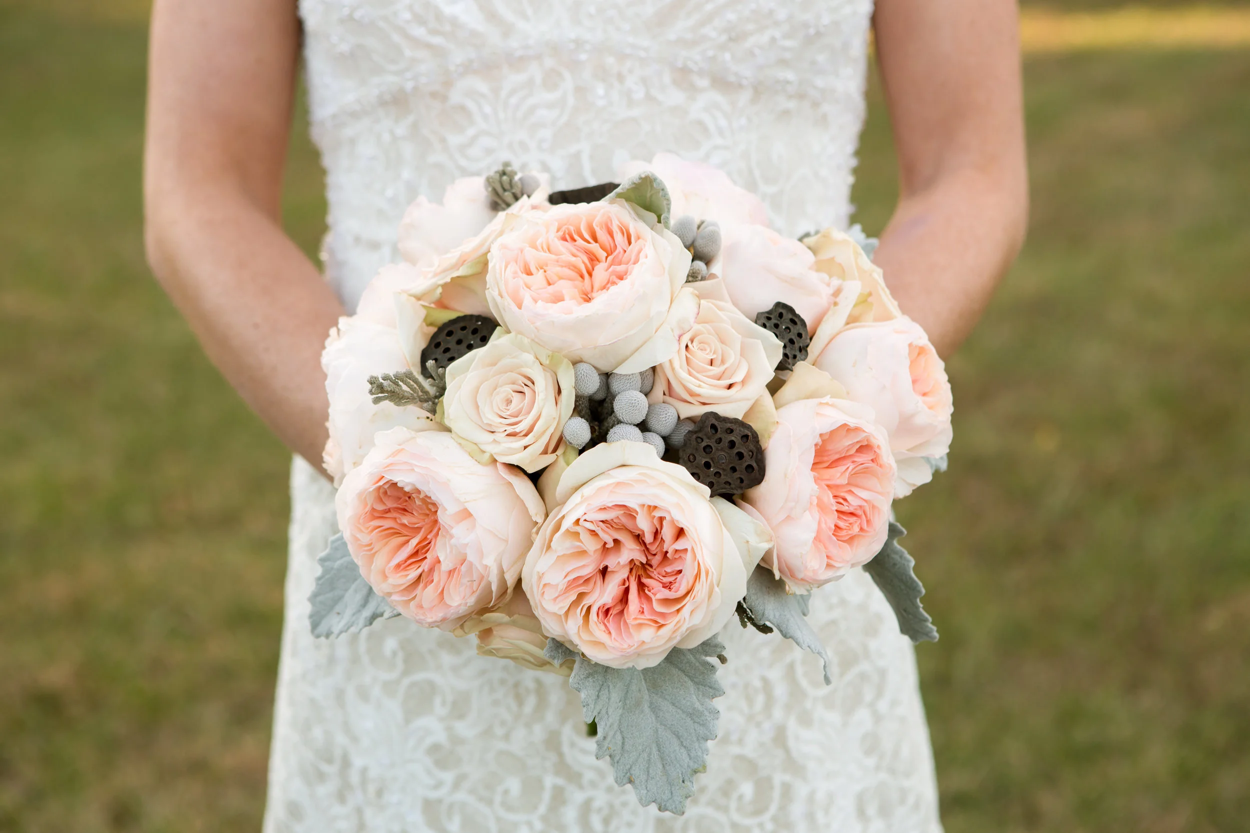 Garden roses, Sahara roses, dusty miller and lotus pods were carried by our bride at Cedar Lake Cellars.
