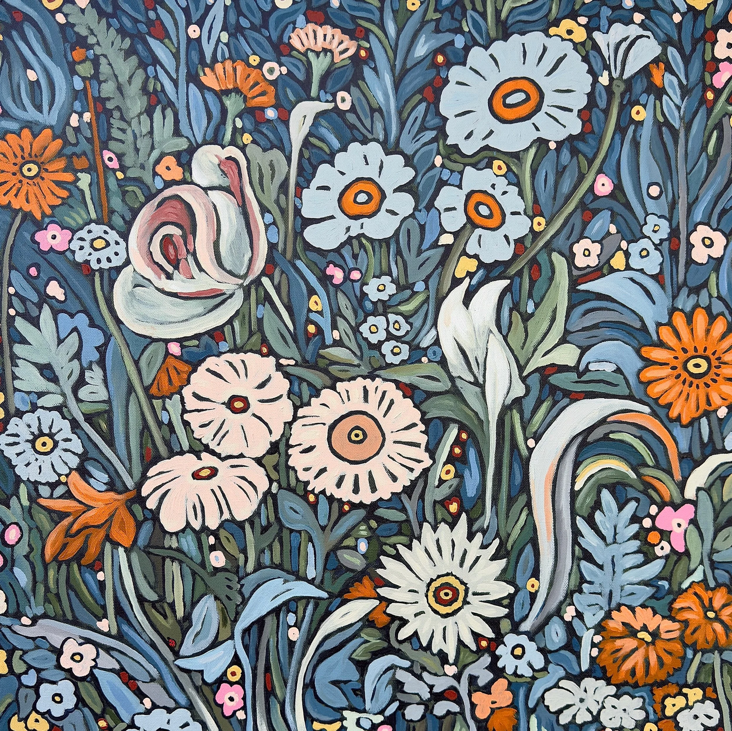 🌙🌼🌿💙: Enjoy a closer look at my painting&ldquo;Inside the Dream Garden.&rdquo; This piece embodies a blend of visual elements that draw from both conscious and subconscious realms, creating a space that is both real and unreal. It teeters on the 
