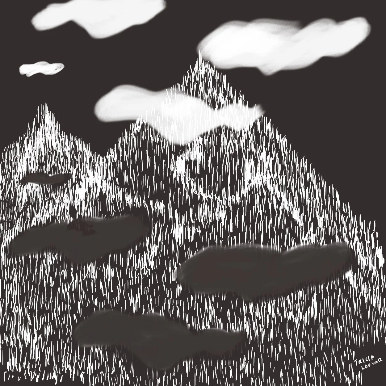 When mountain biking, relax your shoulders and lift your gaze. And sometimes you see cloud marks on a volcanic cone covered in pine trees. Mental photo taken on the trail. Sketched here. 2019.