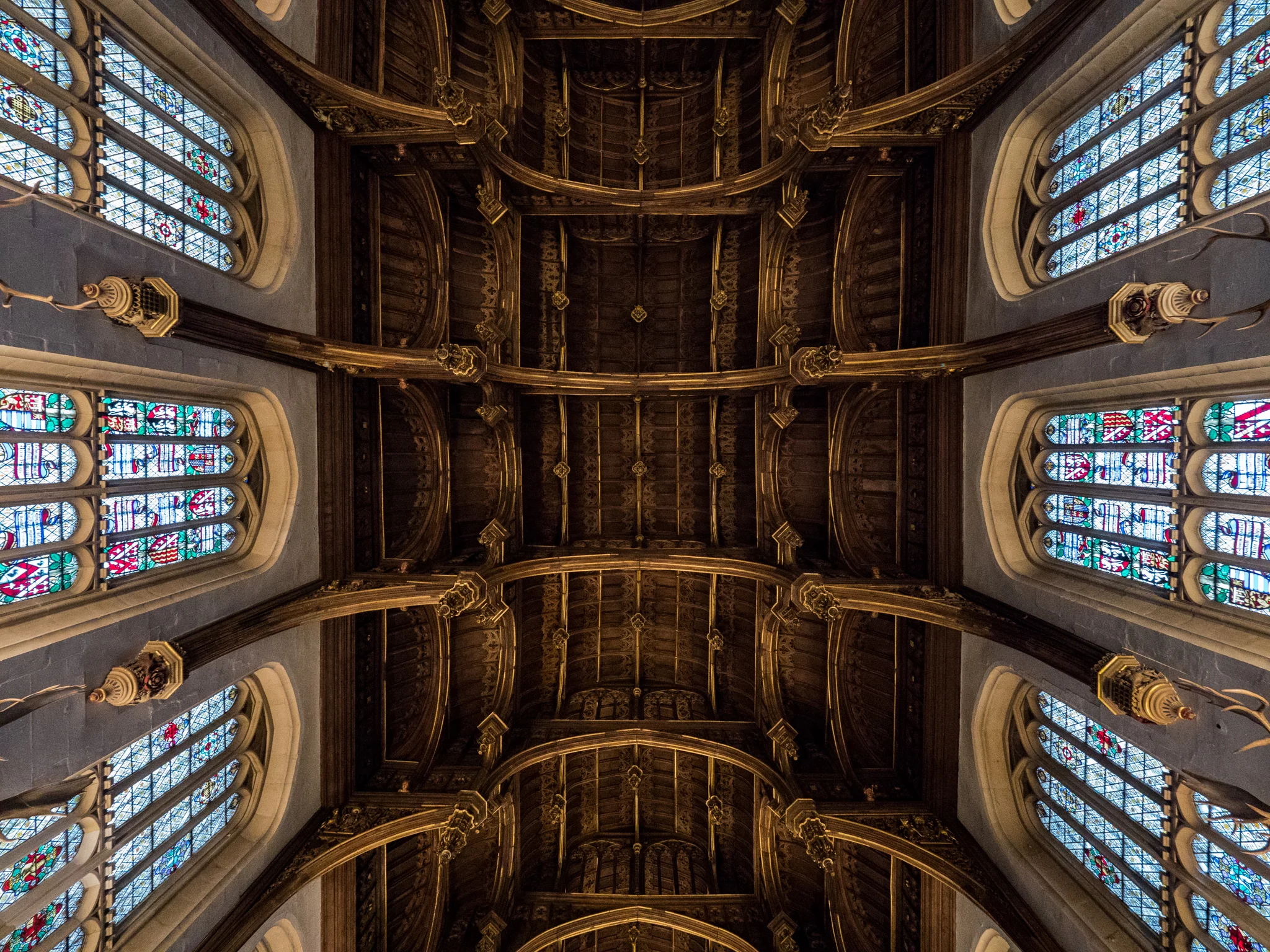 The ceiling of the Great Hall. Originally this would have been very colourful but the Victorians saw fit to strip it back to bare wood