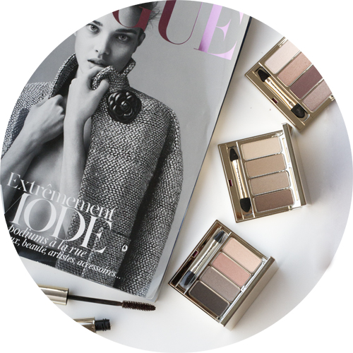 From top, clockwise: 4 Couleurs Palette in 002 Rosewood, 003 Brown and 001 Nude and the Mascara Supra Volume in 02 Intense Brown