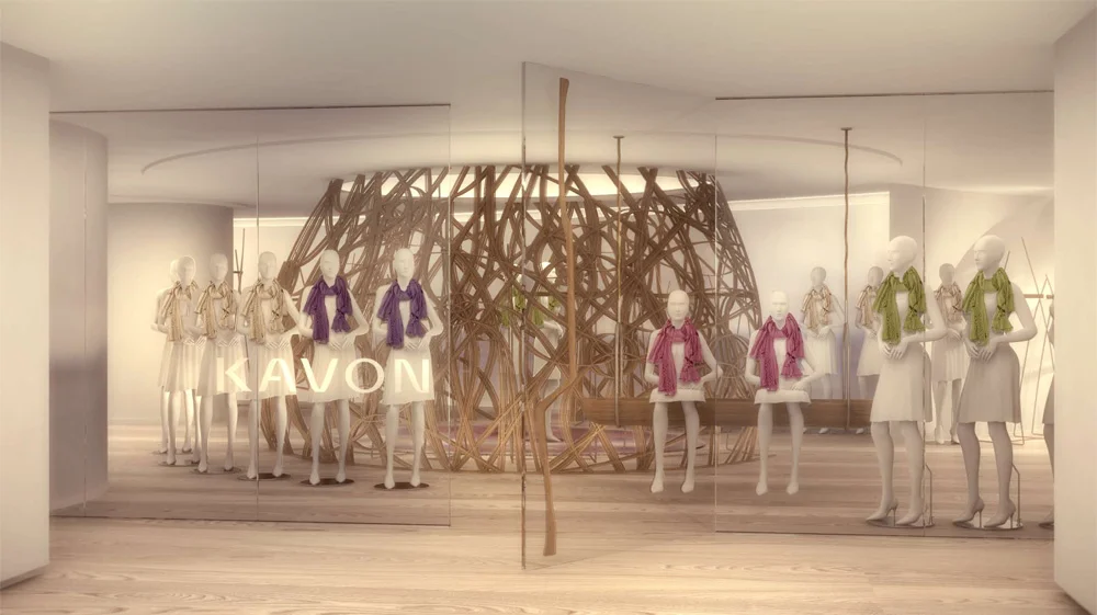 KAVON A prototype store for a women's casual clothing brand located in Beijing, China. The concept of the store is composed of a single curved wall that guides the flow of traffic. The painted horizon line wall-covering creates visual continuity between shopping zones for the customer. In addition to the wall there are two feature spaces; the basket woven room that highlights latest fashions, and the petal room that displays evening wear. The idea behind this approach was that the brand could adapt different design combinations within in 200 locations.