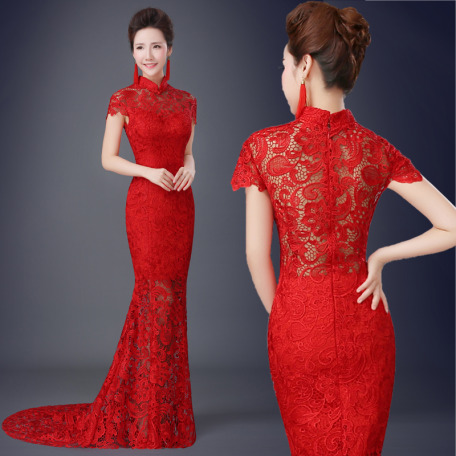 In China each bride picks three dresses. The first is a traditional qipao or cheongsam which is an embroidered, slim-fitting gown that's usually the color red because red is a strong, lucky color in Chinese culture. 