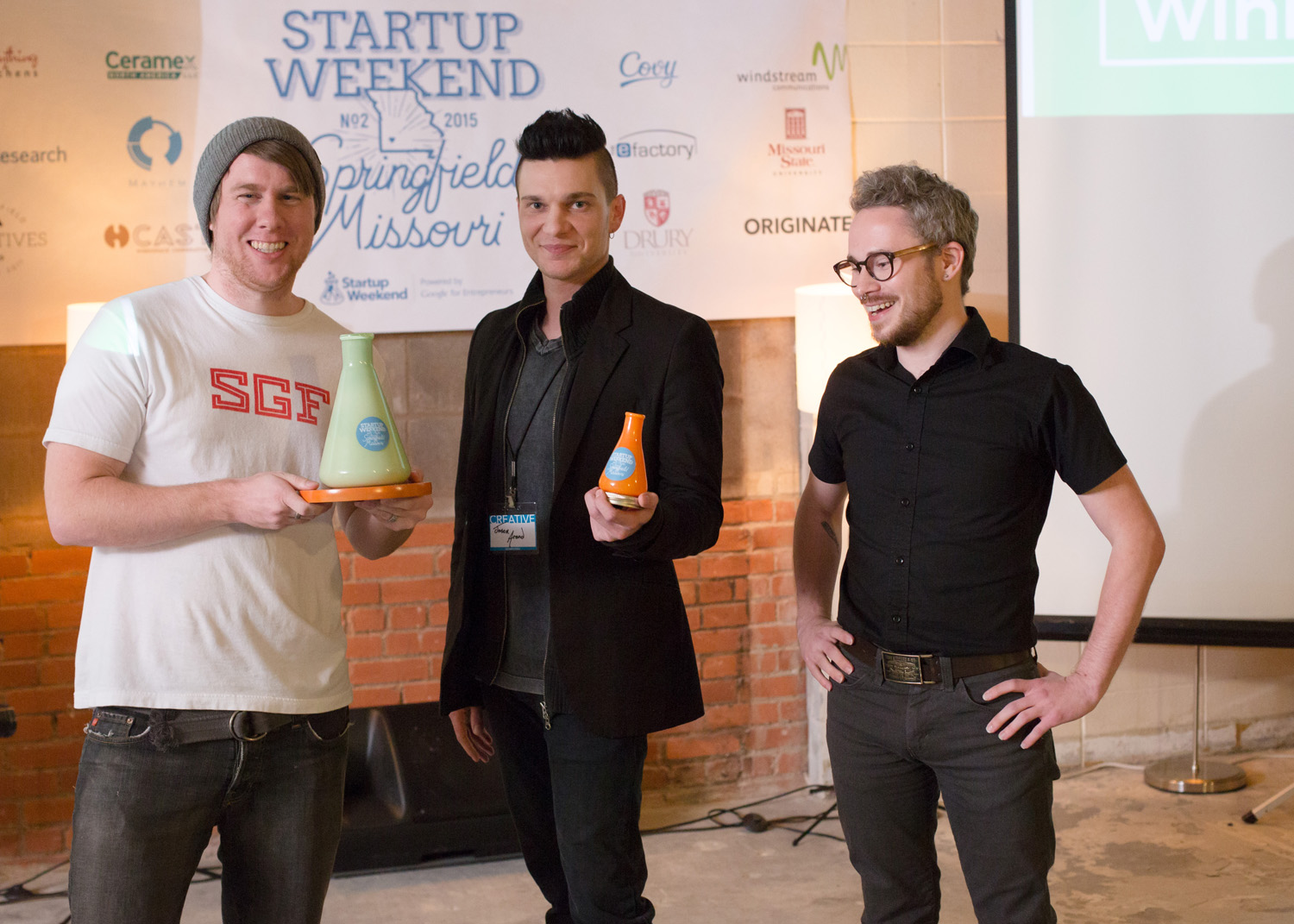 Myke Bates, Jason Arend and Brandon Cash, left to right, won first place in the Startup Weekend Springfield competition with their workplace communication software, Eagle Speak, at the eFactory in Springfield, Mo. on Nov. 20, 2015. The trio's startup, Eagle Speak, won the event. Photos by Brad Zweerink
