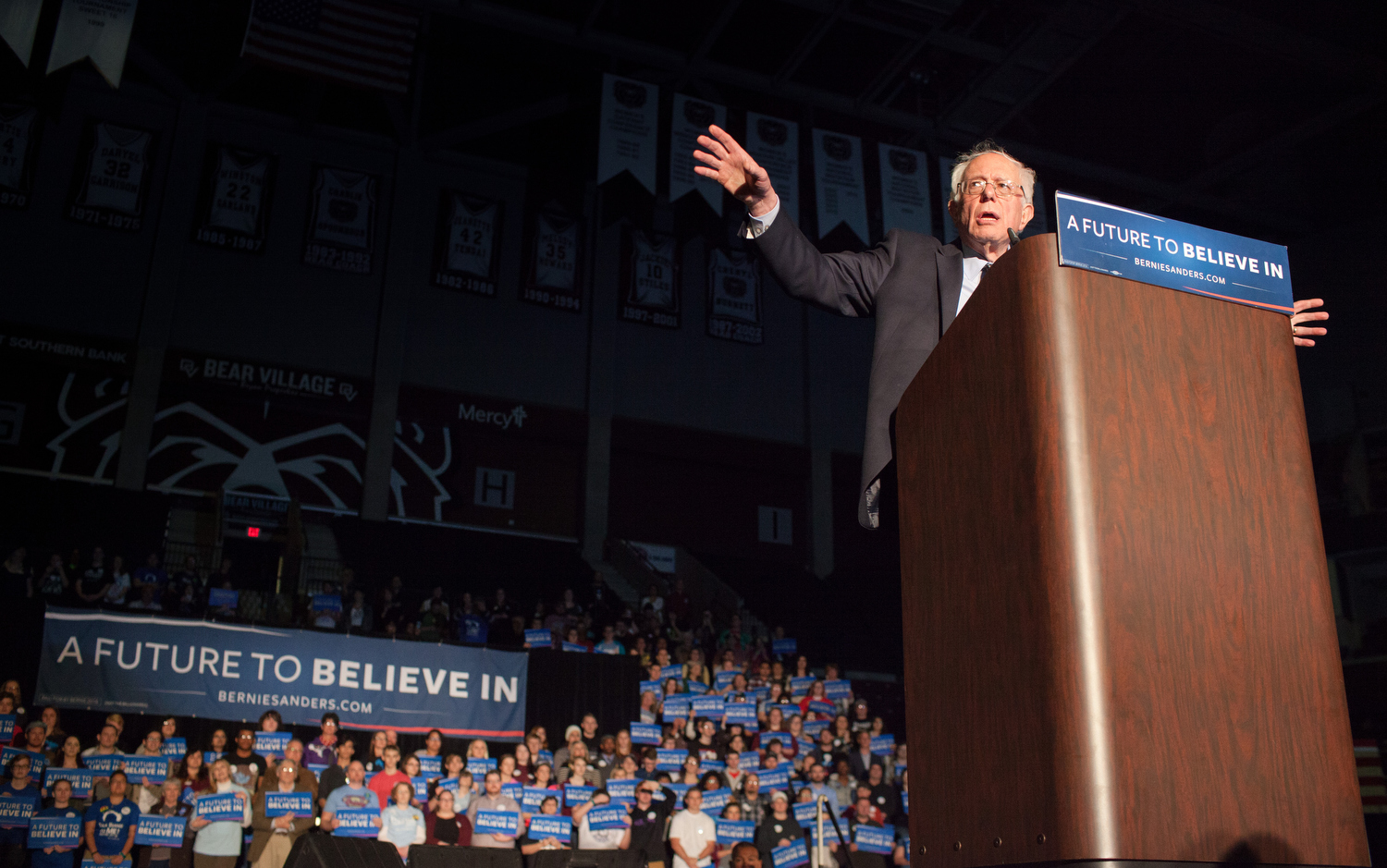 Democratic presidential candidate Sen. Bernie Sanders, I-Vt., speaks during a campaign rally at JQH Arena at Missouri State University in Springfield, Mo., Saturday, March 12, 2016.