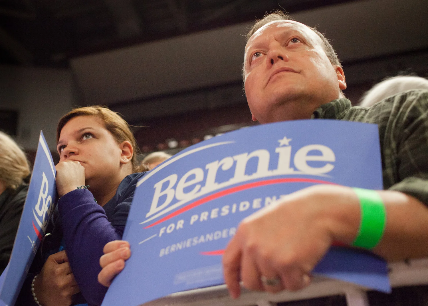 Supporters of Democratic presidential candidate Sen. Bernie Sanders, I-Vt., wait for the candidate to speak during a campaign rally at JQH Arena at Missouri State University in Springfield, Mo., Saturday, March 12, 2016.