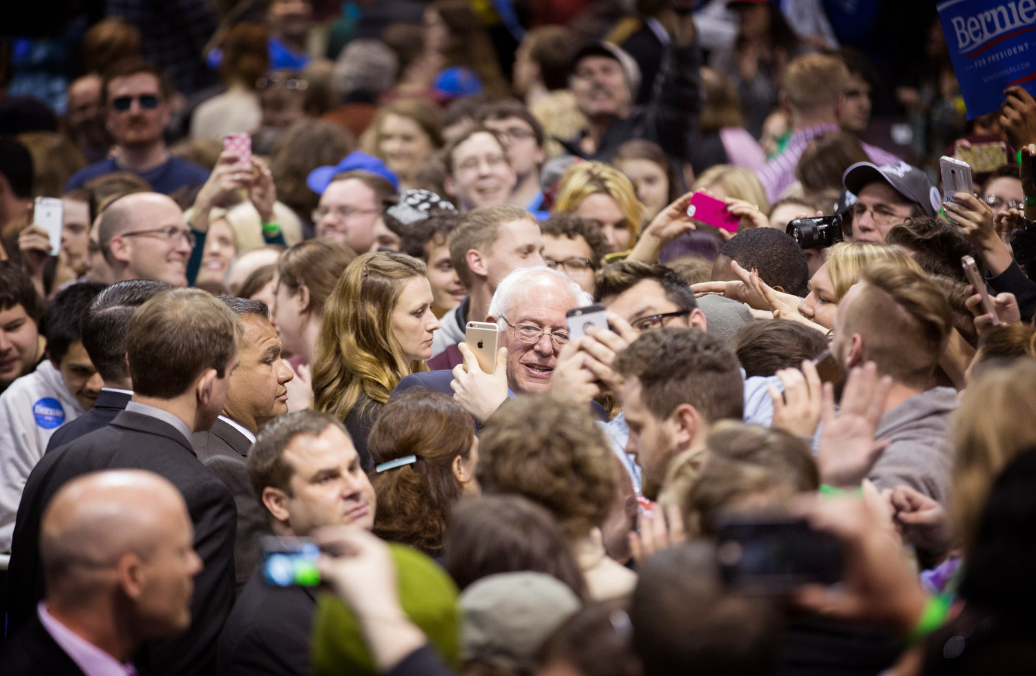 Democratic presidential candidate Sen. Bernie Sanders, I-Vt., greets supporters during a campaign rally at JQH Arena at Missouri State University in Springfield, Mo., Saturday, March 12, 2016.