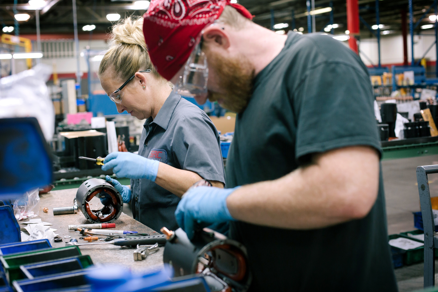Jessica Letterman and Tyler Whitener work on starters at the SRC Electrical facility on Sunshine in Springfield, Mo. on Nov. 22, 2016. Photo by Brad Zweerink.