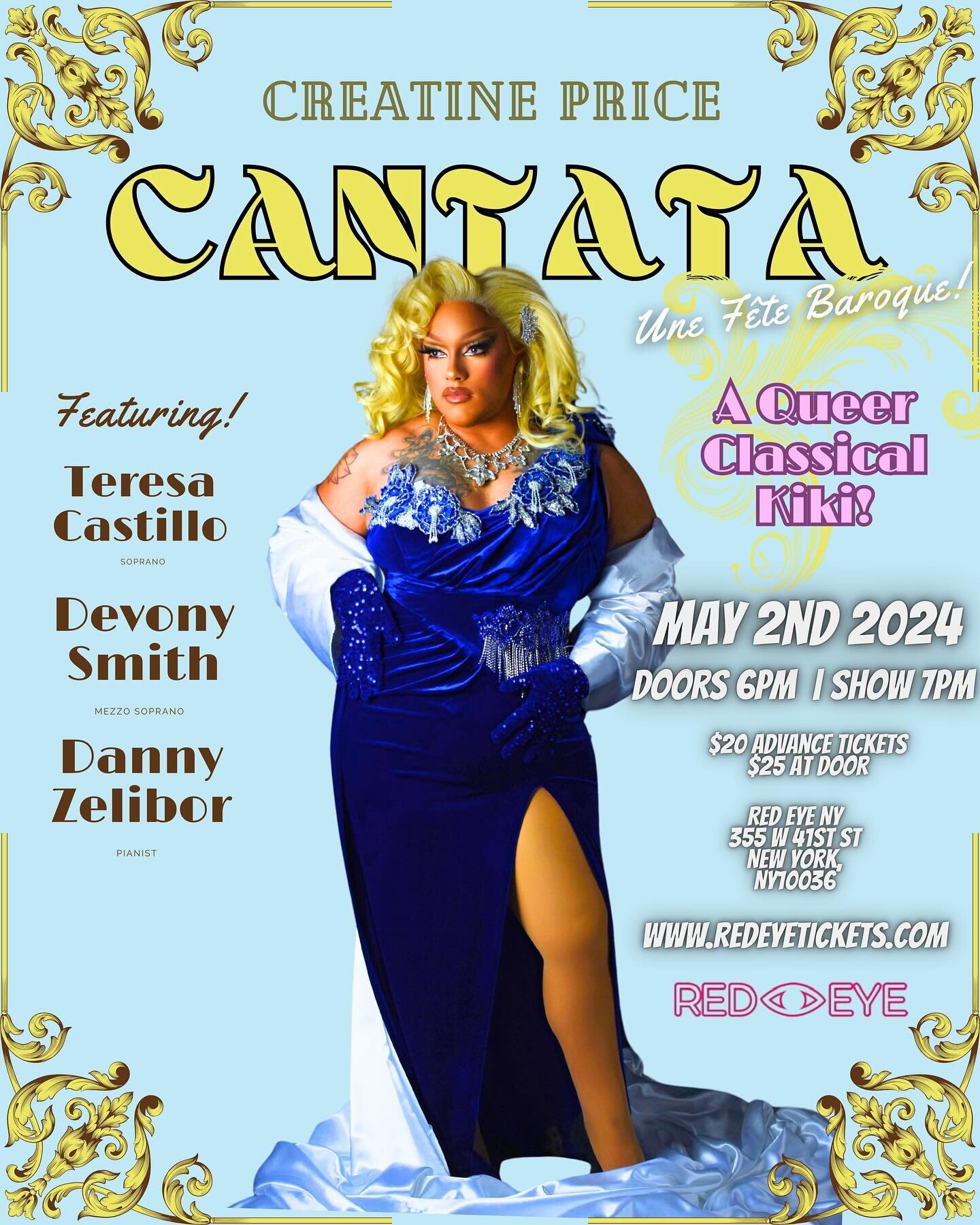 ATTENTION ATTENTION!!! FINALLY! I am SO EXCITED to be able to make my BIG ANNOUNCEMENT to you all ! I have my first very own monthly show in Hells Kitchen @redeye_ny ! Introducing CANTATA !! - Creatine Price&rsquo;s &ldquo;Cantata!&rdquo; is a monthl