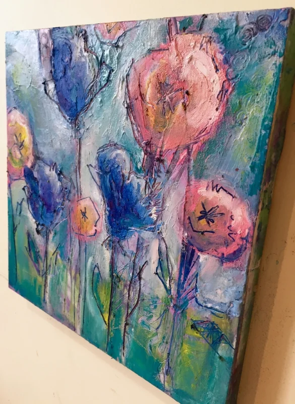 Side view of cold wax and oil painting. 