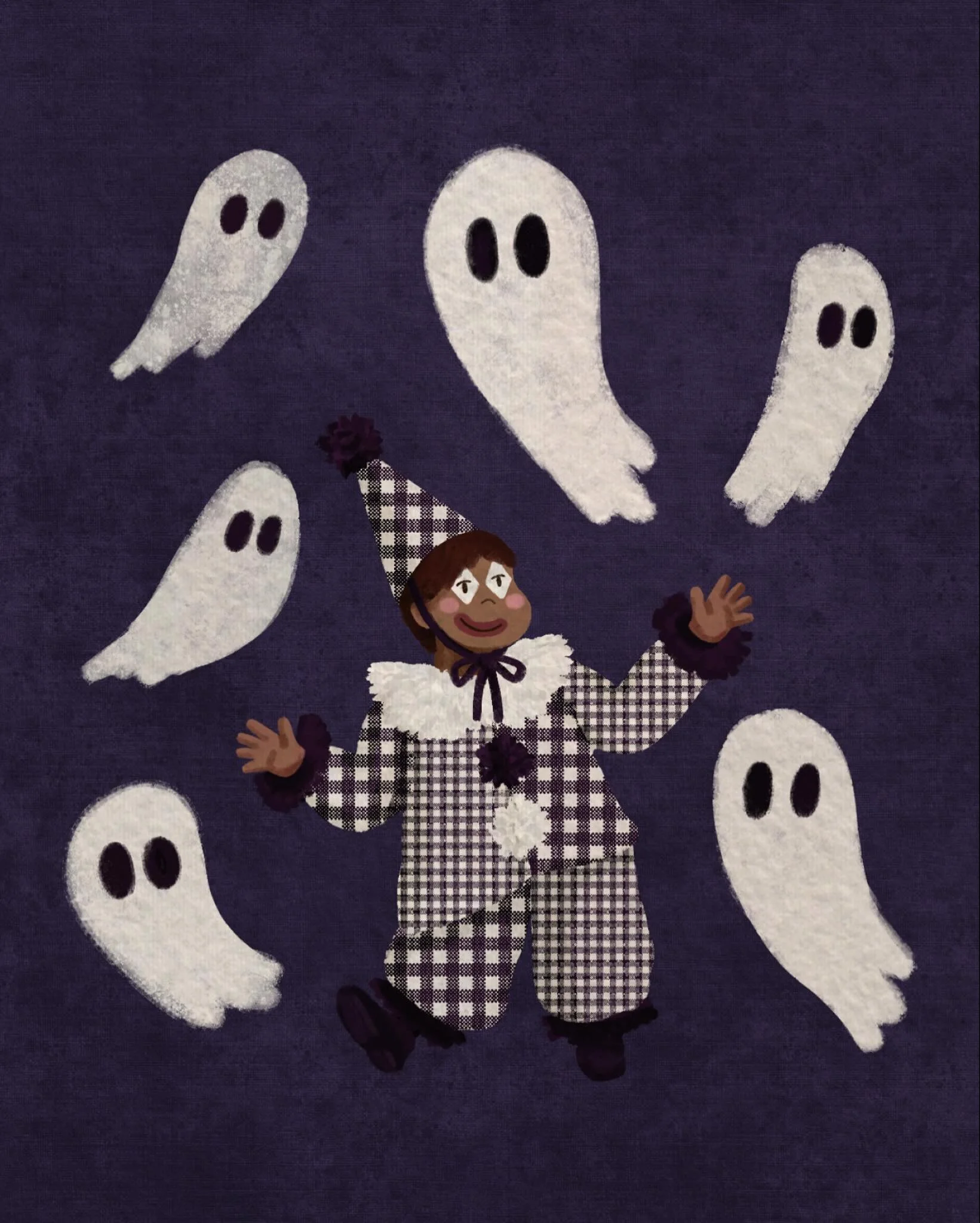 Peachtober Day 4 - Gingham
Clown costume in gingham & ghosts clownin around 👻 @peachtober 
#peachtober #peachtober25 #peachtober25gingham #gingham #clowncostume #clowncore #halloweencostume #digitalillustration #adobefresco #adobefrescoillustr