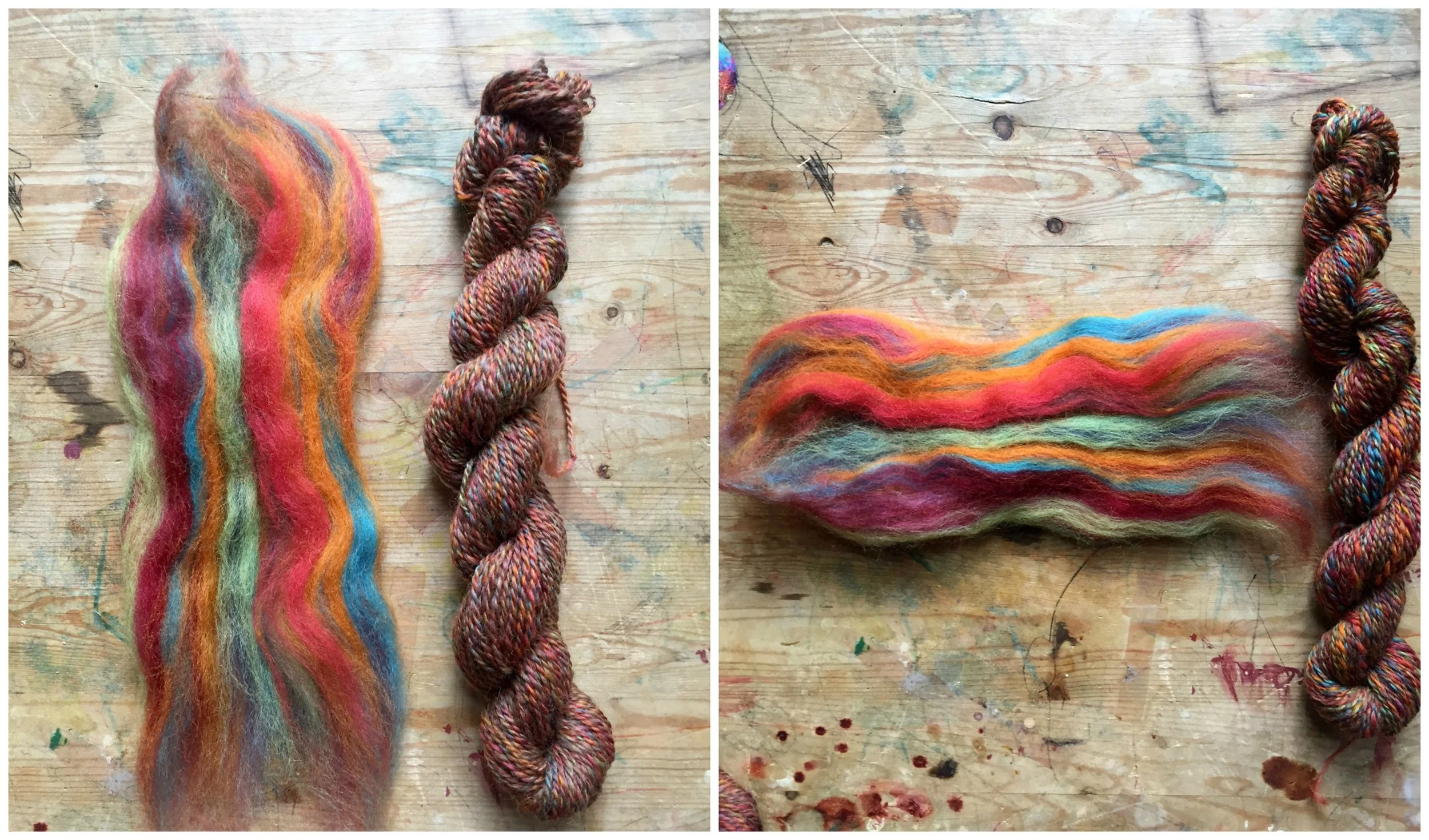 Left, yarn spun with the grain of the fiber, blending all of the colors. Right, yarn spun against the grain, one color at a time.