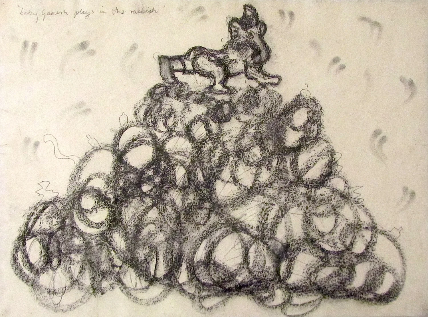    baby ganesh playing in the rubbish    charcoal on paper 55 x 70 cm 2011  &nbsp; 