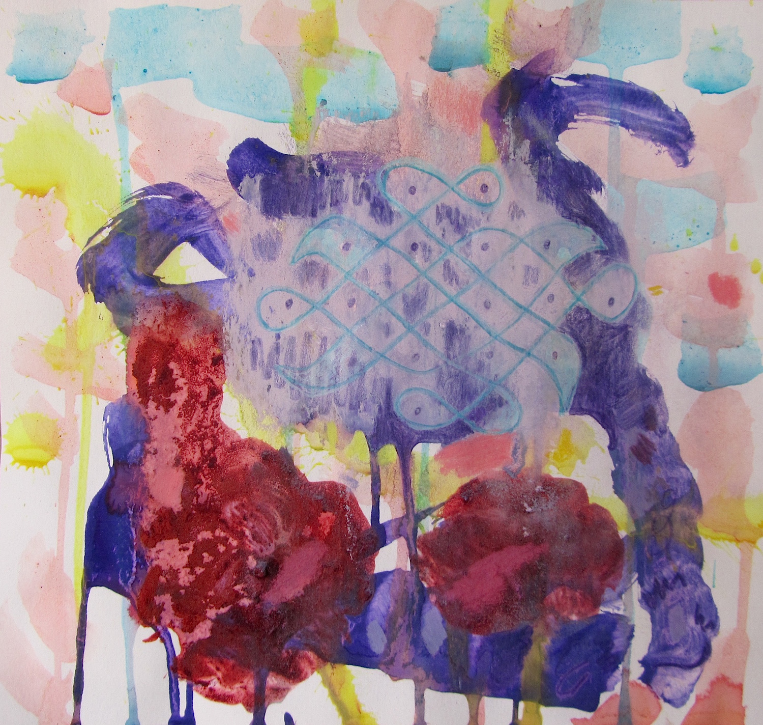 Translation V Oil, pencil and kum kum on paper 2015.