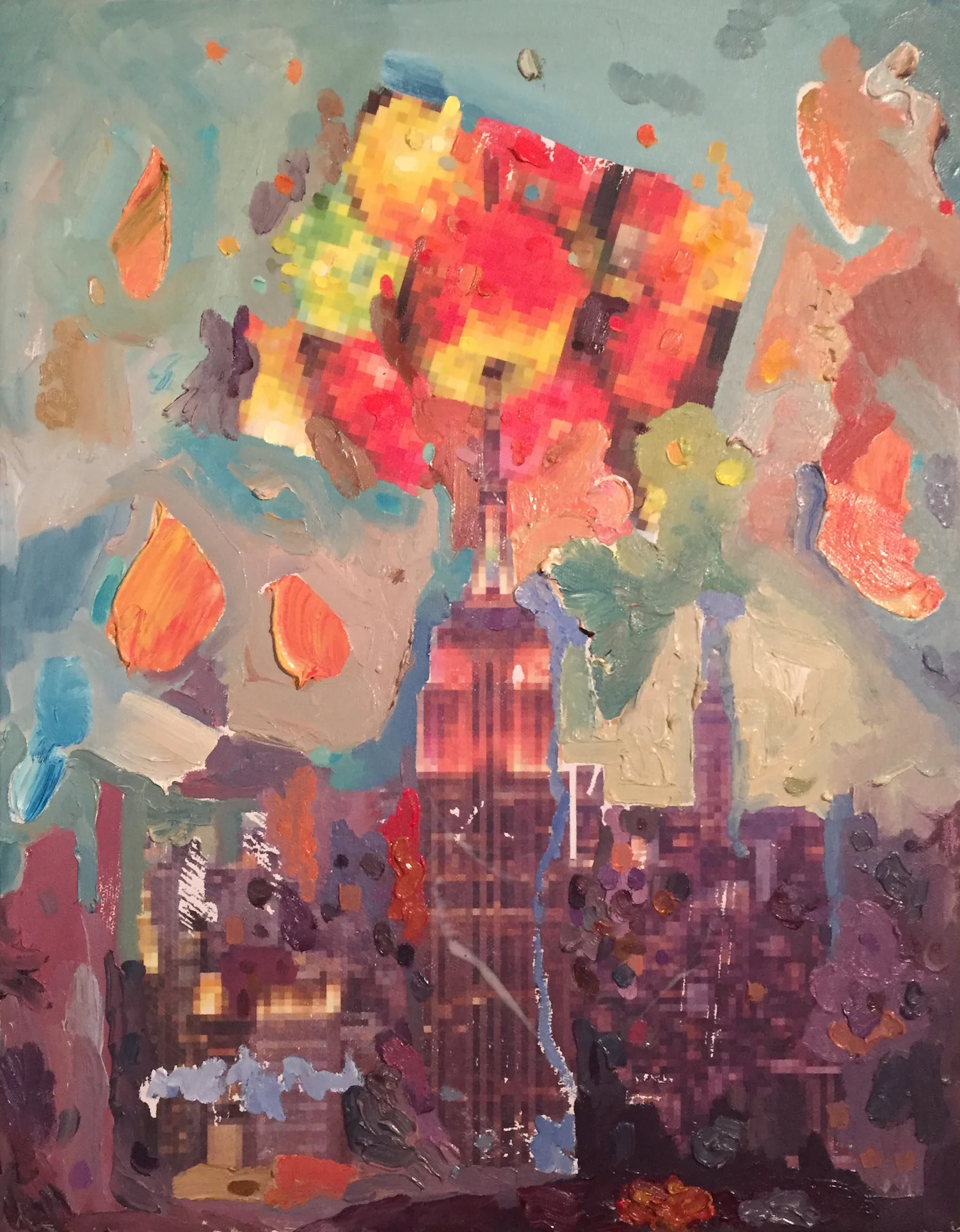    Pixel Ate the Big Apple    oil and digital transfer on canvas 18 x 14 in 2016  &nbsp; 