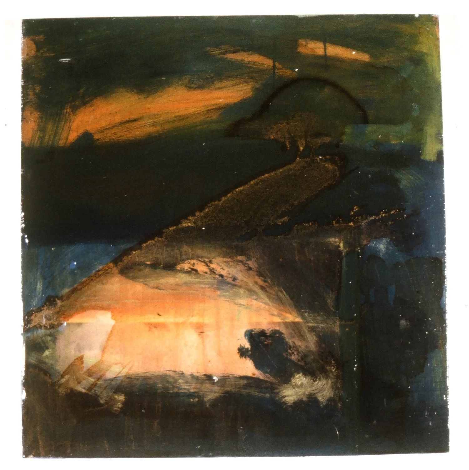    Movement at Dawn    Oil, Shellac, estapol, color photocopy on board 35 x 35 cm 1998  &nbsp;  &nbsp; 