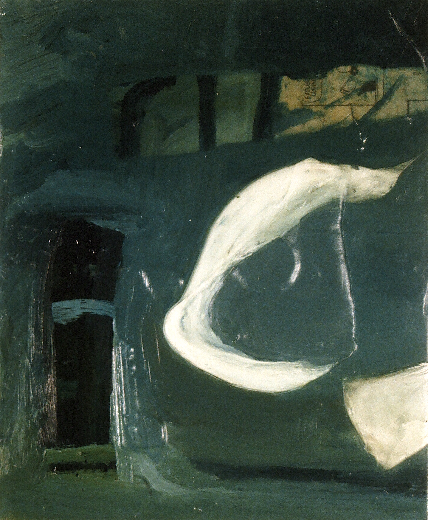    Silence in the City    Oil, newspaper, gesso, key, 50 cent piece, PVA on board 29 x 24 cm 1998  &nbsp;  &nbsp; 