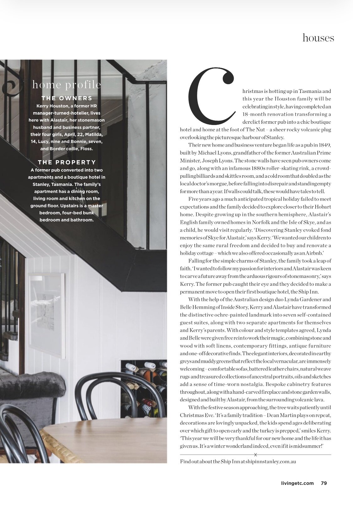 Ship Inn, Stanley Tasmania as seen in Living Etc (UK). Photography by Marnie Hawson, interior design and styling by Inside Story and story by Ali Heath.