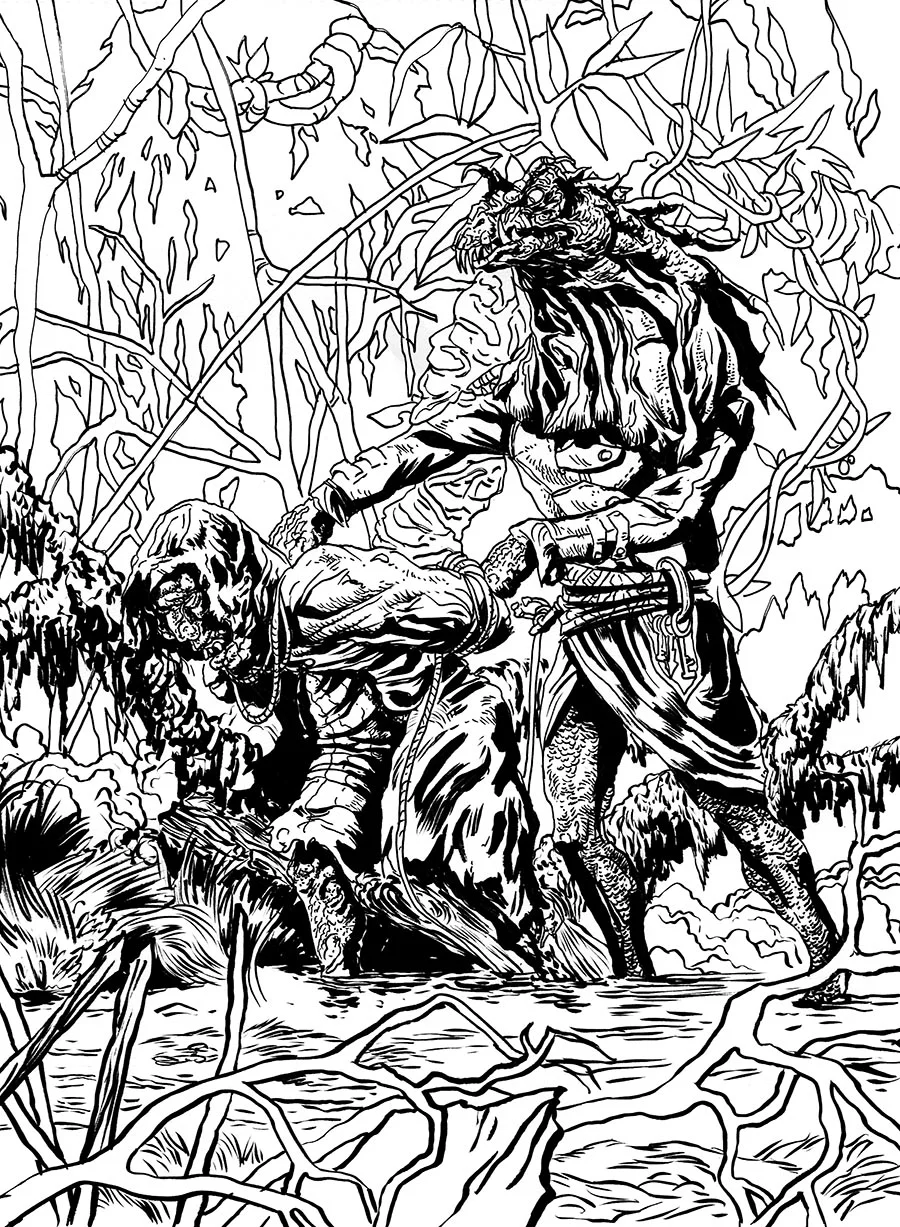 Here is an inked version of one of the characters called the bailiff. All of the finished cards are in color and have all the necessary information on them for game play.