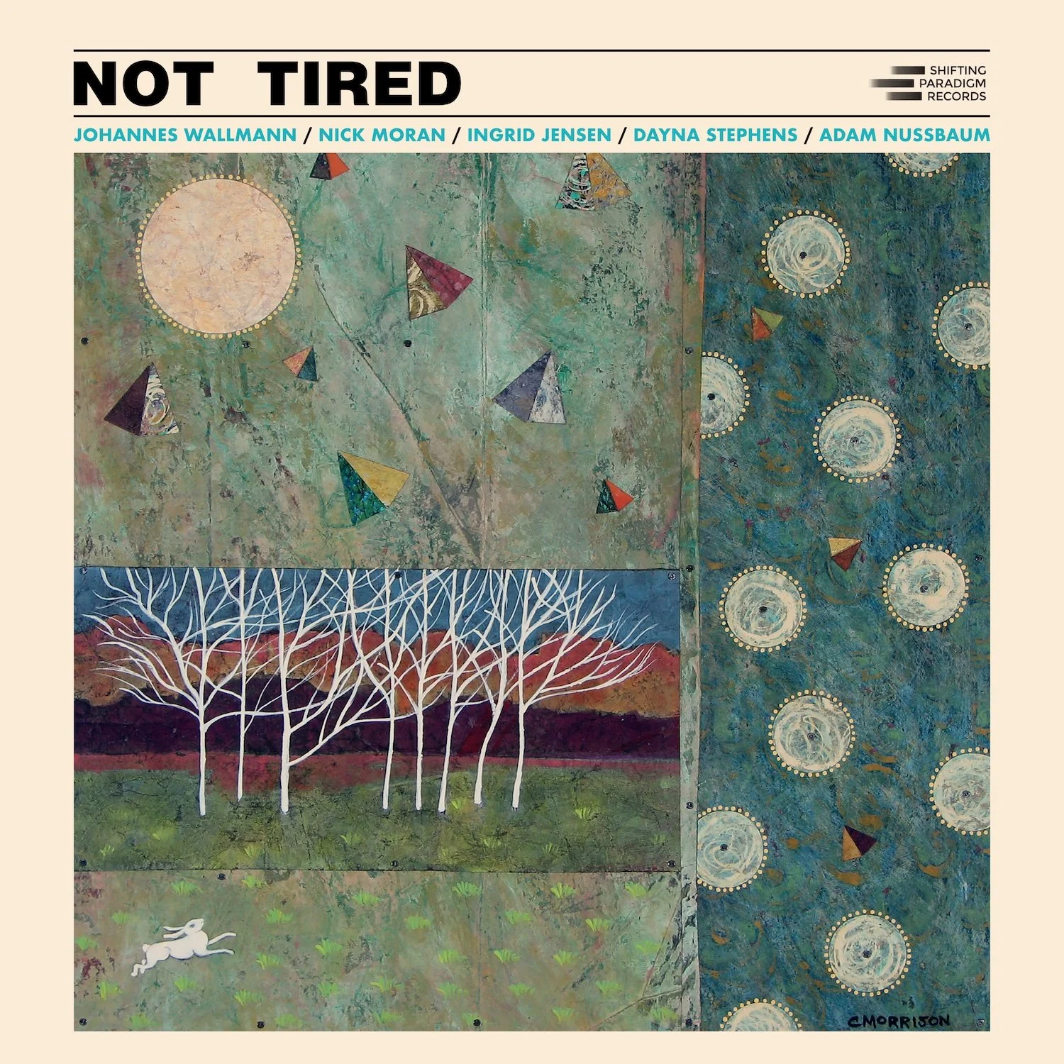 Album cover of Johannes Wallmann's album "Not Tired." The art work is a painting by Connie Morrison of geometric shapes (circles and pyramids) floating in two panels of sky, and a panel with a grove of white trees and a rabbit in twilight.