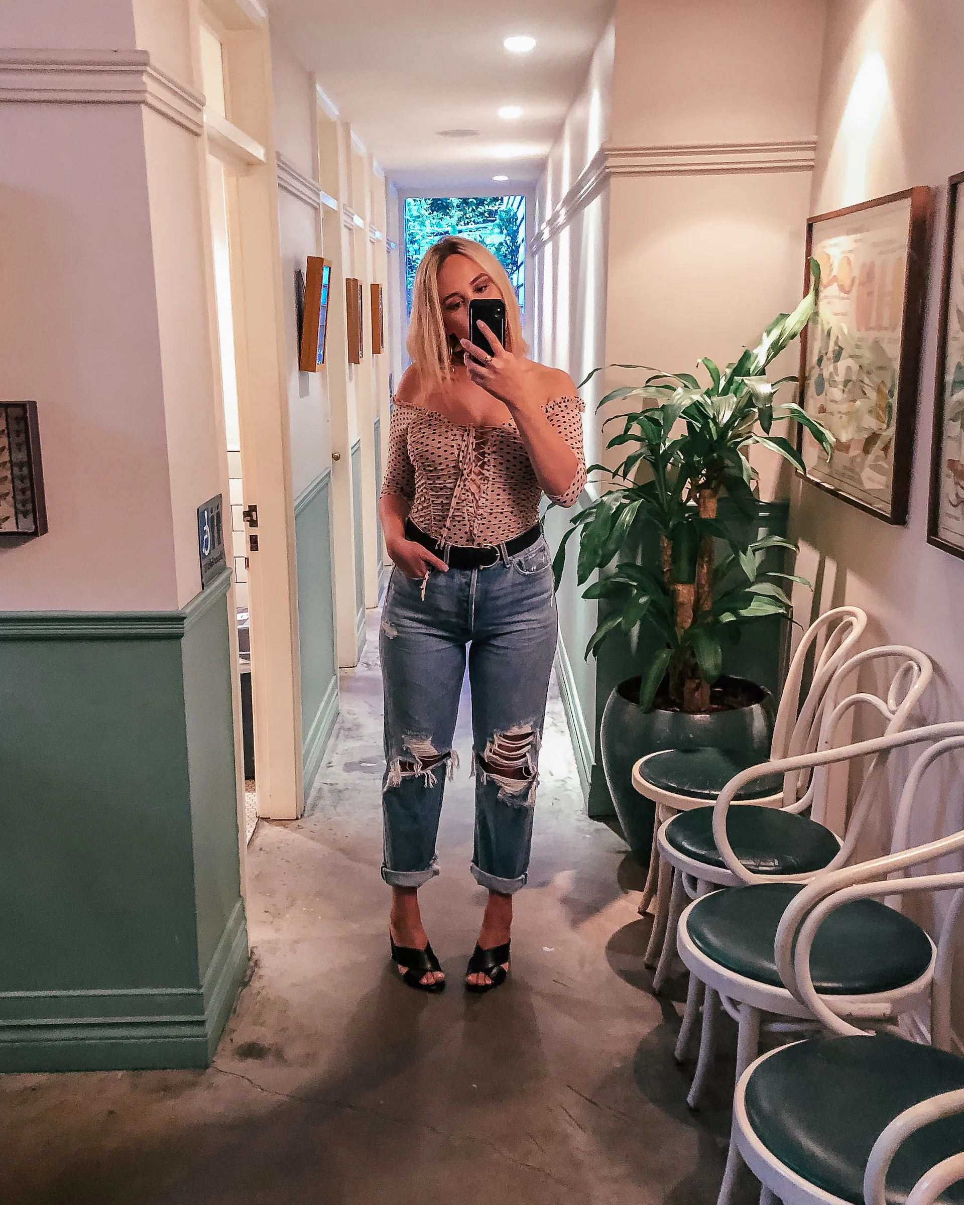 Pink Dot Body Suit + Boyfriend Jeans 