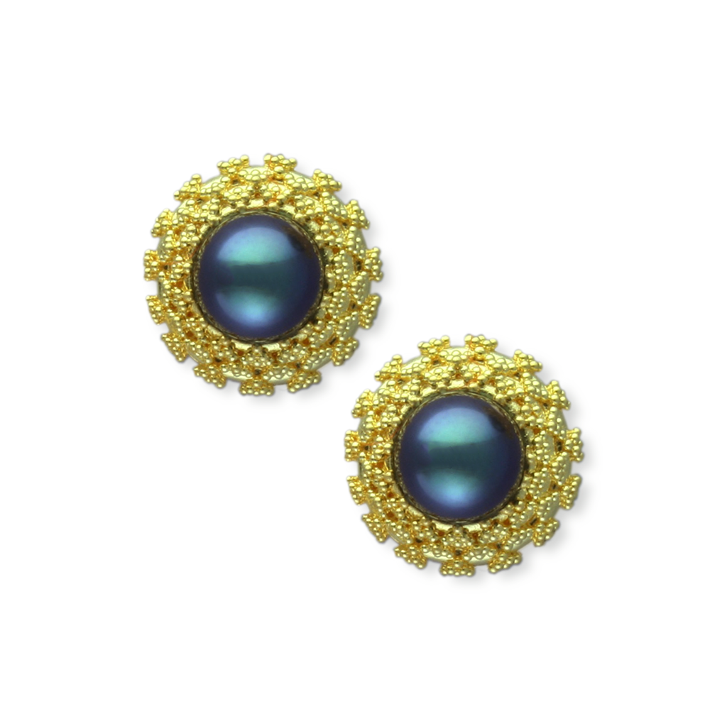 18 karat gold with 22 karat granulation and dark grey Akoya pearls