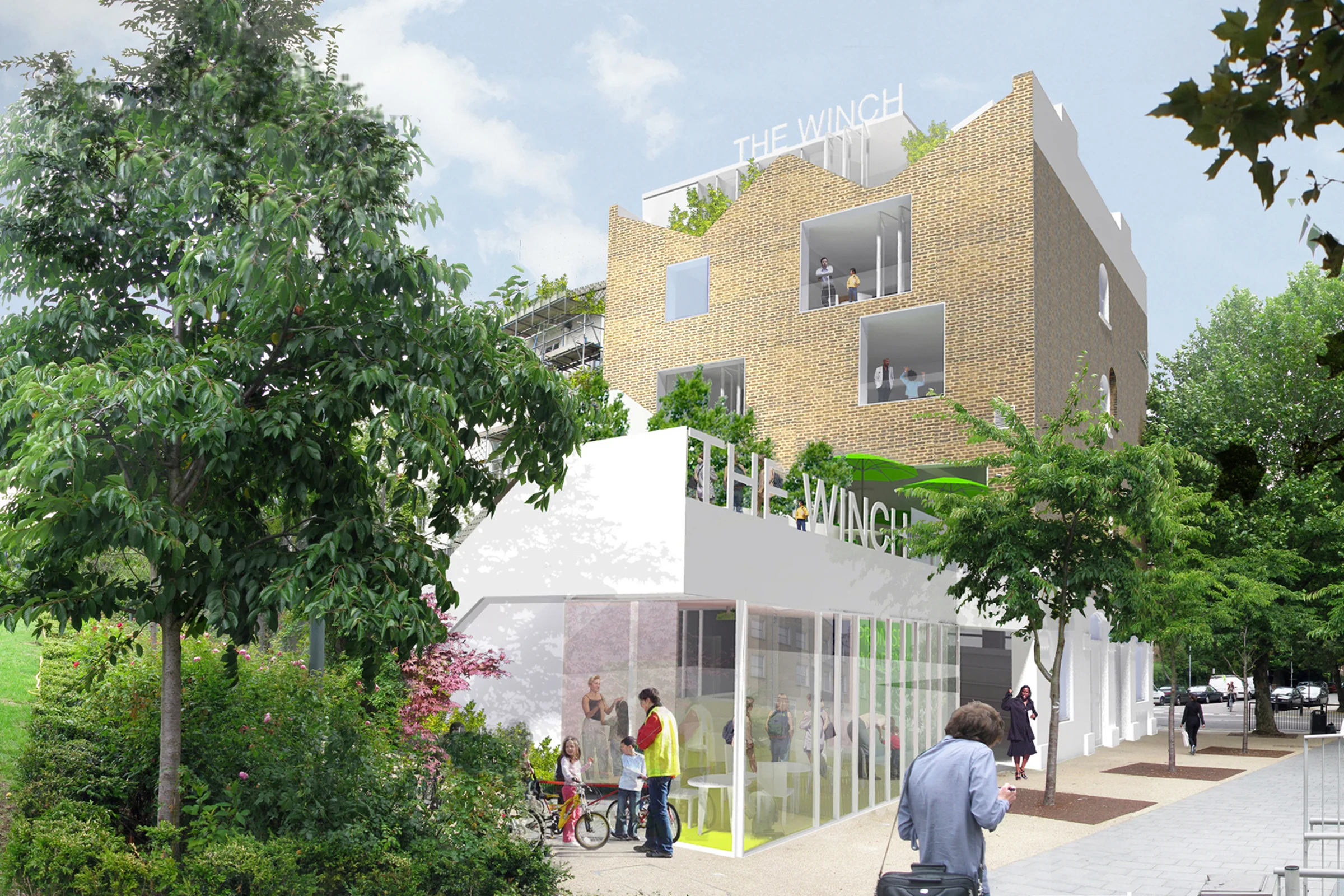 The Winchester project Outline Design for Youth Hub - a home that supports a fantastic diversity of activities; from digital fabrication and making, to dreaming on a rooftop meadow – with a community café, ‘made at the winch’ shop, recording studios, meeting spaces, community kitchen, growing garden and performance space