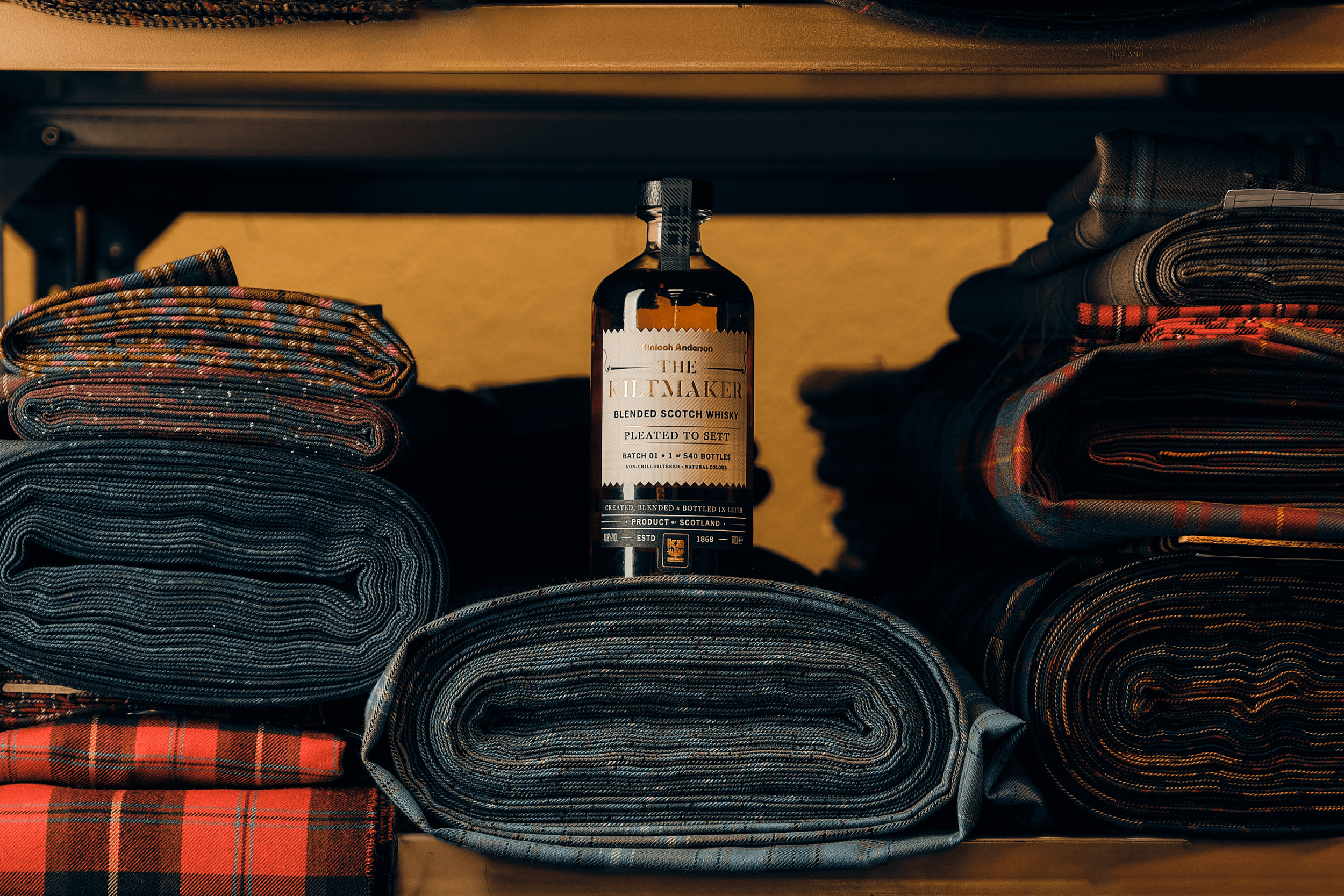 Branding, packaging and art direction for Kinloch Anderson's first in The Kiltmaker series; Pleated To Sett.