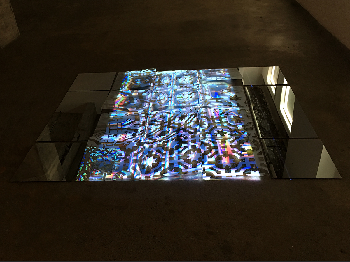  Installation: mirror, steel with projection.  Installations size varies (glass panels 12ft x 12ft x 15ft) 