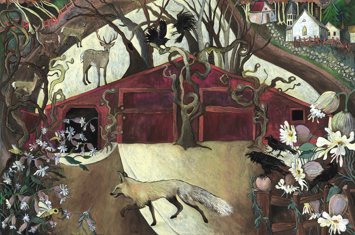 "Red Barn with Fox" 12" x 18" Acrylic gouache on birch panel $900.