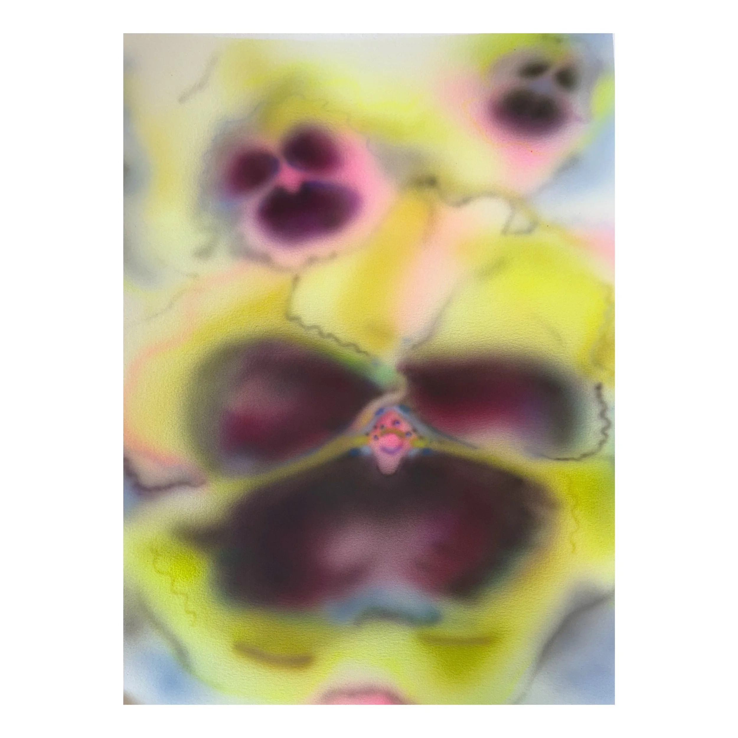 Blurred, colorful close-up of a baby's face with pink cheeks, yellow, and purple tones.