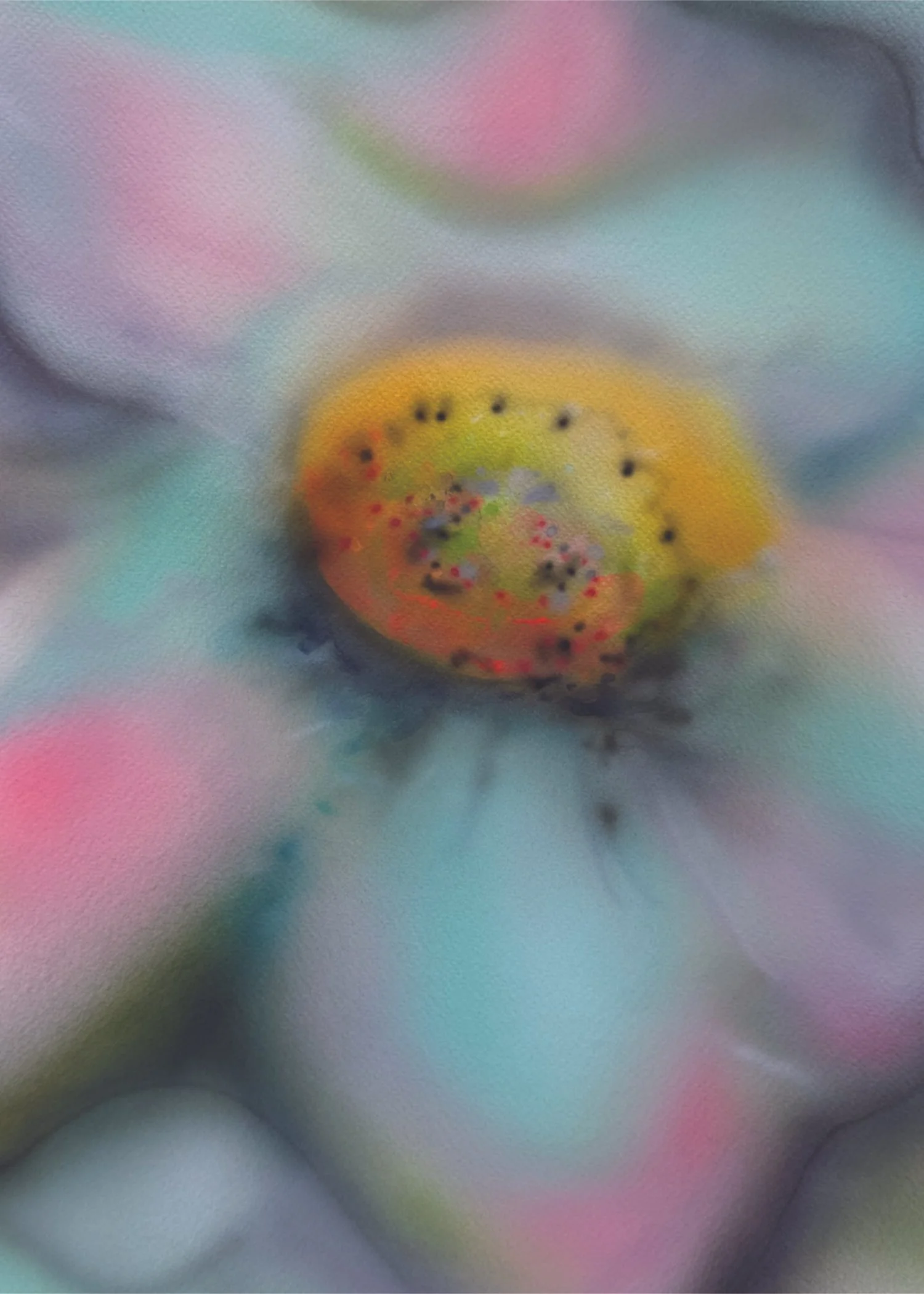 Close-up of a phone screen showing colorful abstract patterns, with a yellow circular object with black spots in the center.