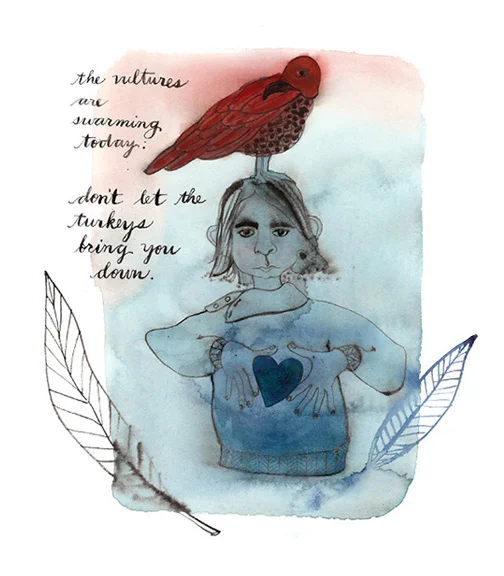 Buzzards, watercolor and ink on paper, Golly Bard | Holly Ward Bimba © all rights reserved