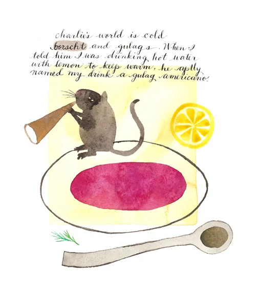 Gulag Americano, watercolor and ink on paper, Golly Bard | Holly Ward Bimba © all rights reserved