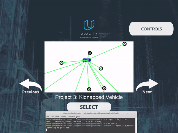 Blue circle is the particle filter guess, and the blue car is the true car position.