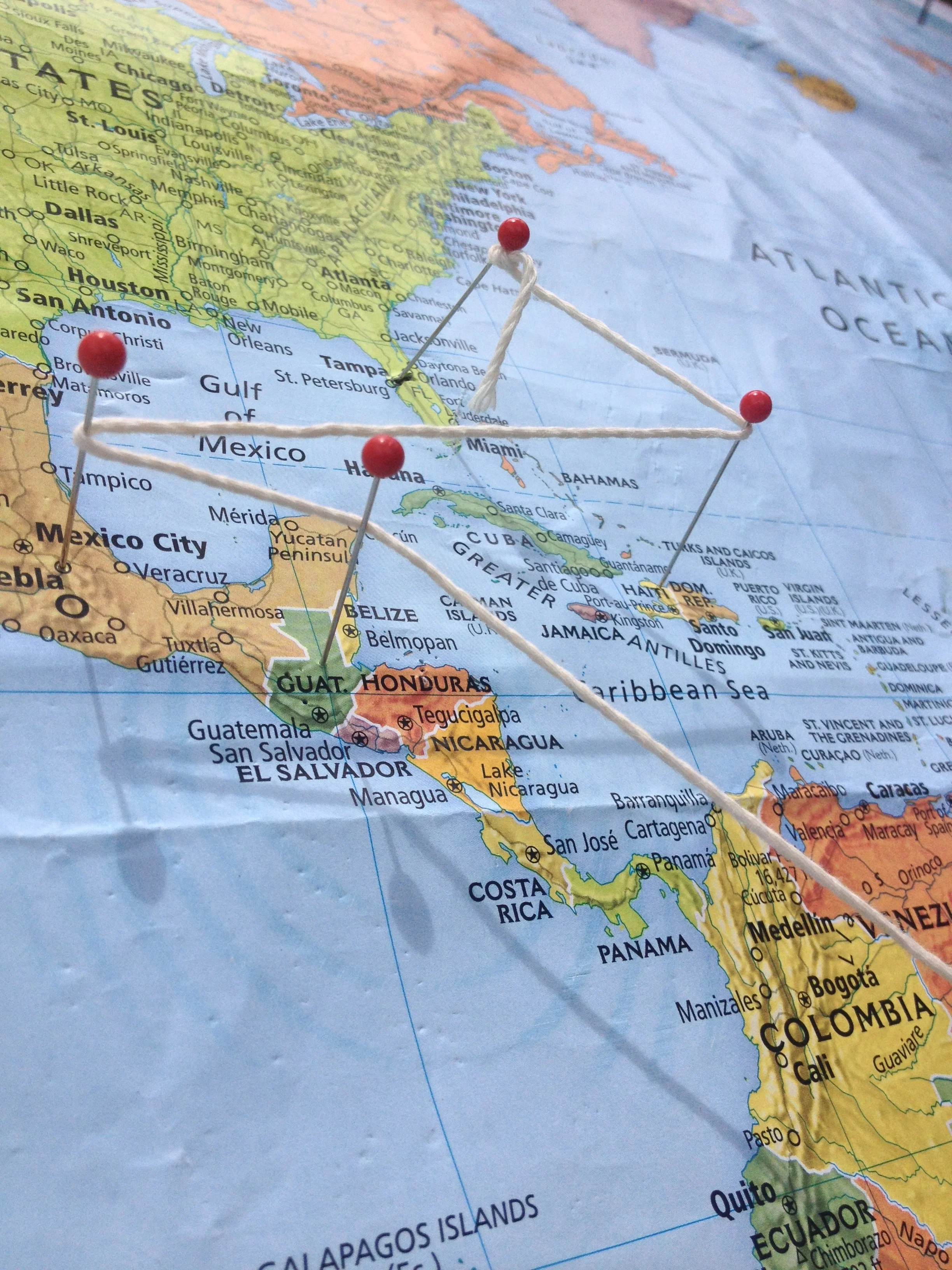 Pins on a Map depicting Connect Global's Past, Present, and Future Trips. 2013