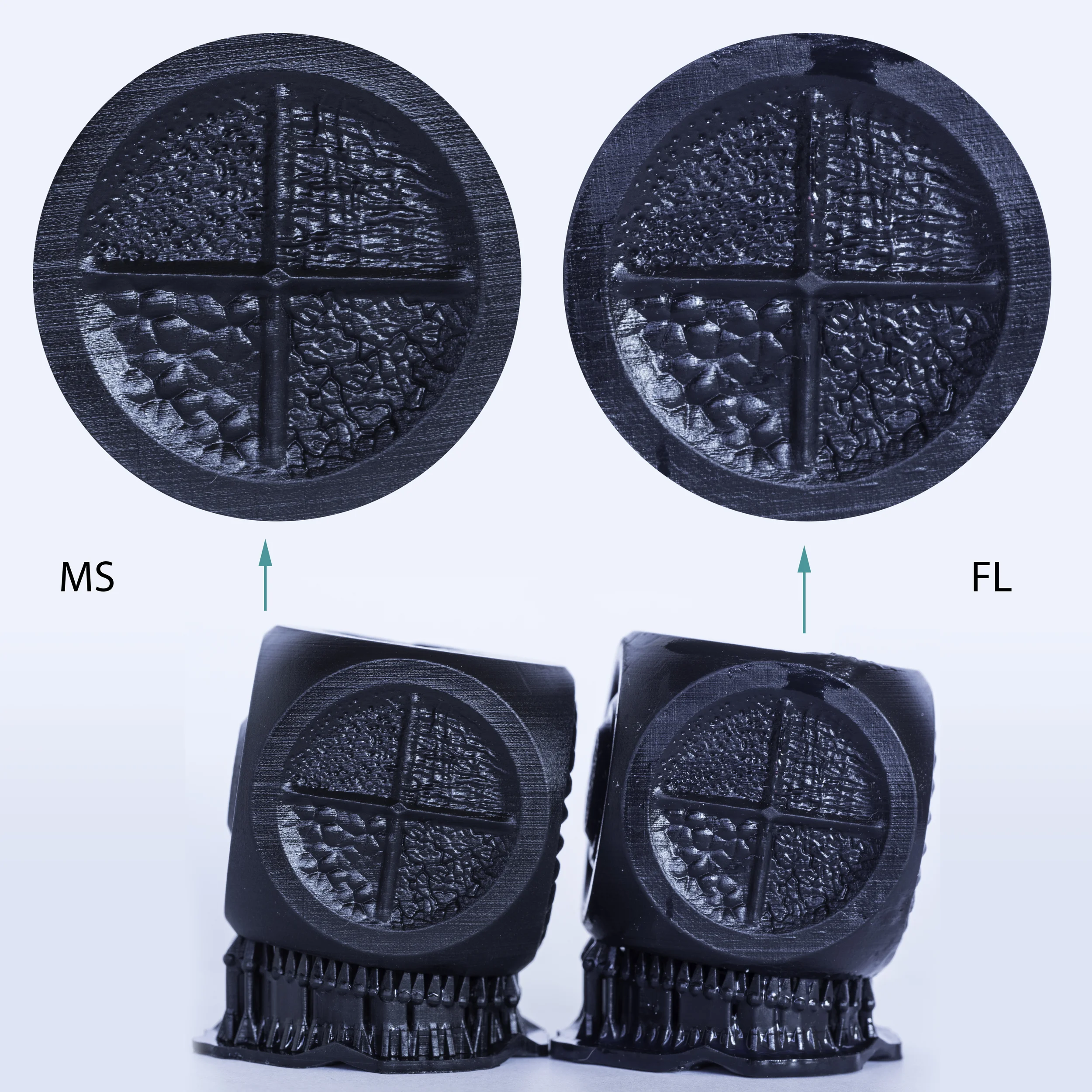 Surface details of the M3D Texture Cube as printed using the MS and FL black resin.