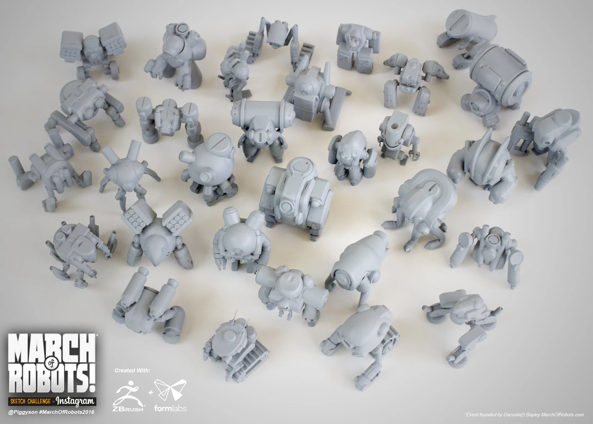 Group shot of all 31 printed robots.