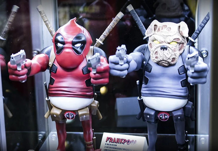 Designer Con is mashup heaven. Deadpool + bulldogs = weird and wonderful custom artwork.